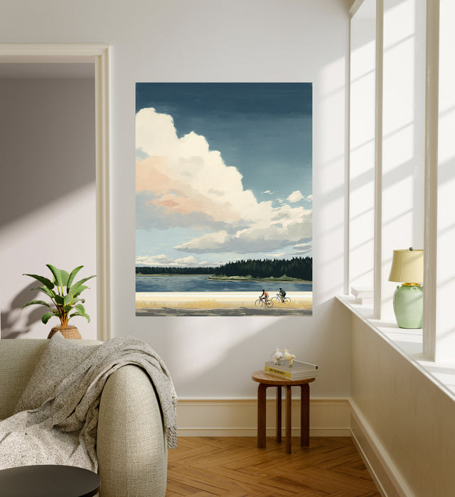 Lakeside Cycling Landscape Art Print