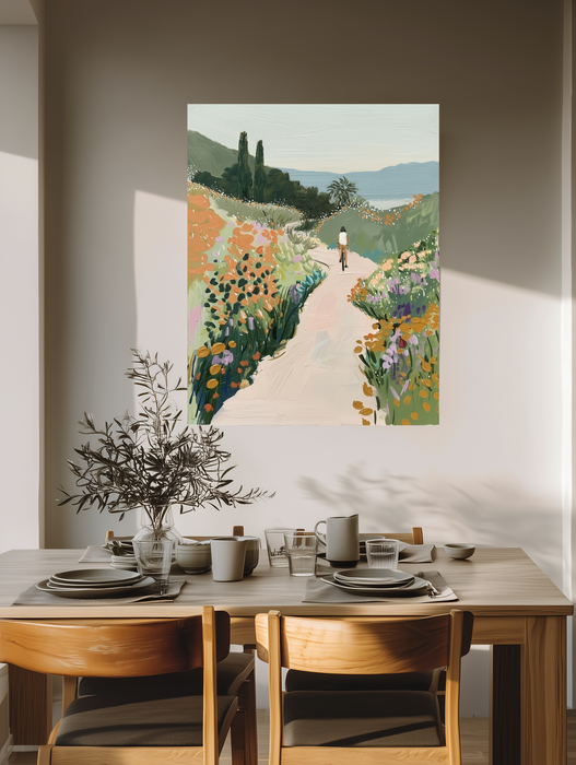Wildflower Meadow Cyclist Landscape Art Print
