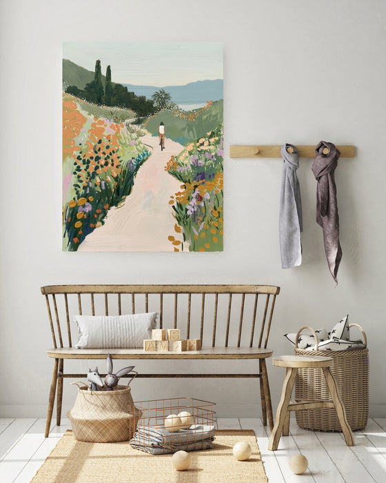 Wildflower Meadow Cyclist Landscape Art Print
