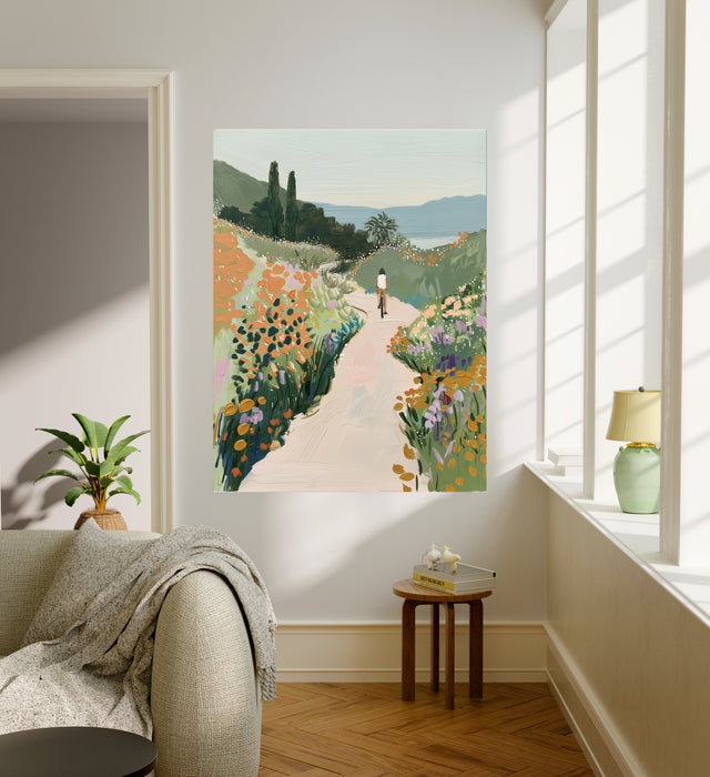 Wildflower Meadow Cyclist Landscape Art Print