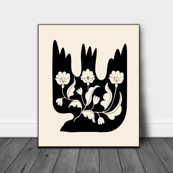 Black and Cream Flower Bird Print