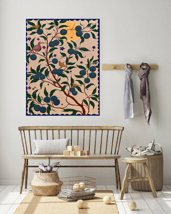 Blue Plum Tree Birds Chinoiserie Art Print | Botanical Folk Wall Art