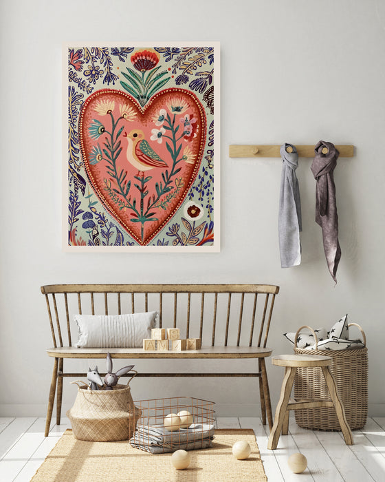 Heart Bird Folk Flower Art Print