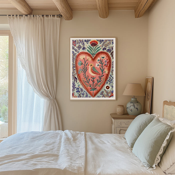 Heart Bird Folk Flower Art Print