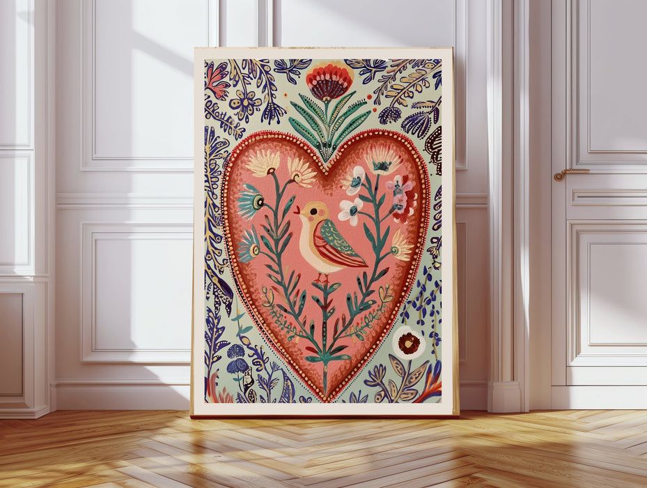 Heart Bird Folk Flower Art Print