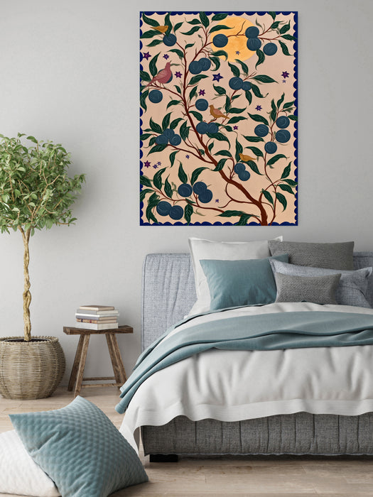 Blue Plum Tree Birds Chinoiserie Art Print | Botanical Folk Wall Art