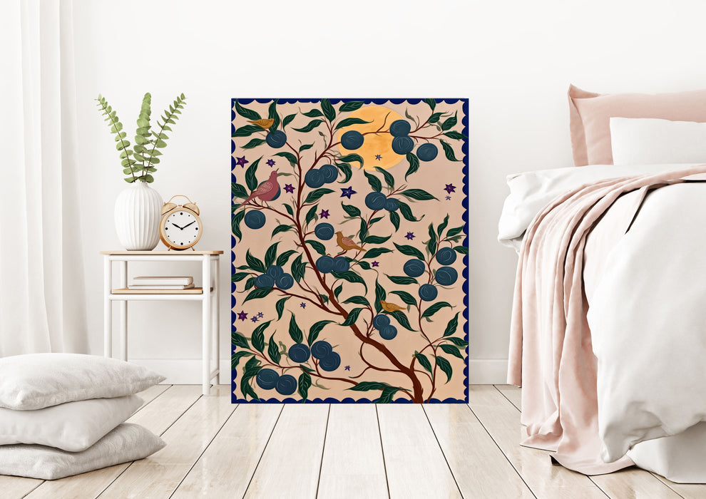 Blue Plum Tree Birds Chinoiserie Art Print | Botanical Folk Wall Art