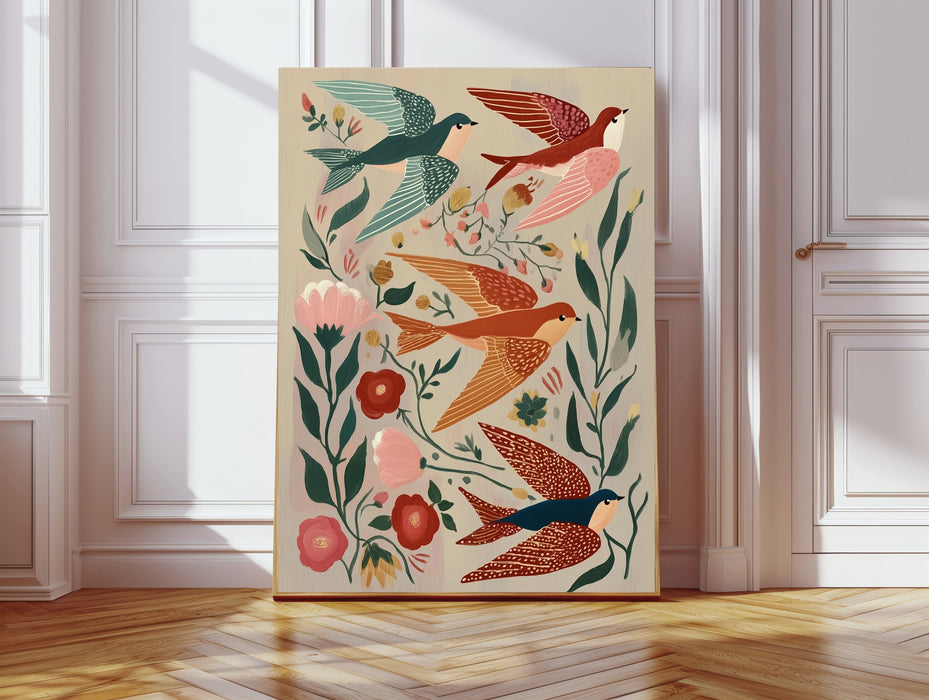 Bird Swallows  Folk Style Art Print