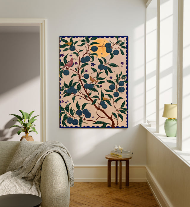 Blue Plum Tree Birds Chinoiserie Art Print | Botanical Folk Wall Art