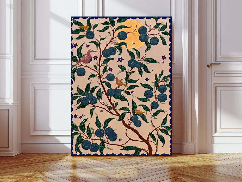 Blue Plum Tree Birds Chinoiserie Art Print | Botanical Folk Wall Art
