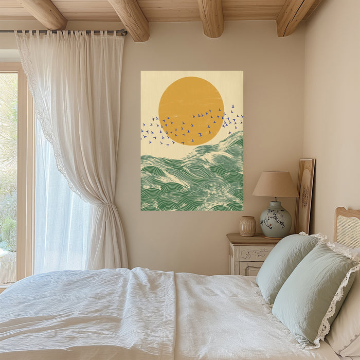 Japanese Sunset Ocean Waves Landscape Art Print