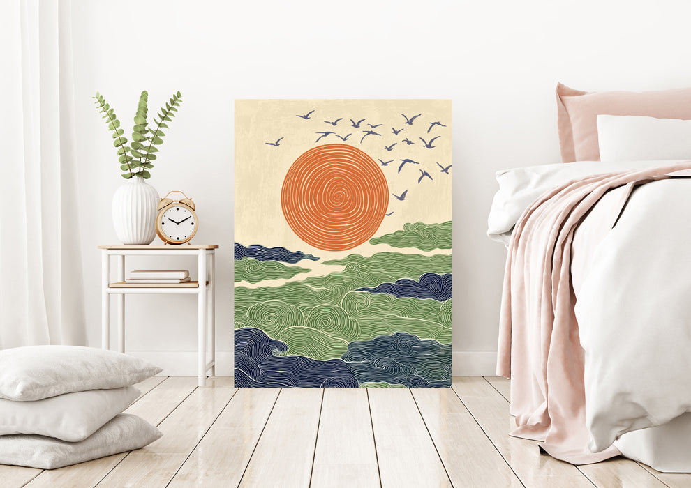 Japanese Sunset Ocean Waves Landscape Art Print
