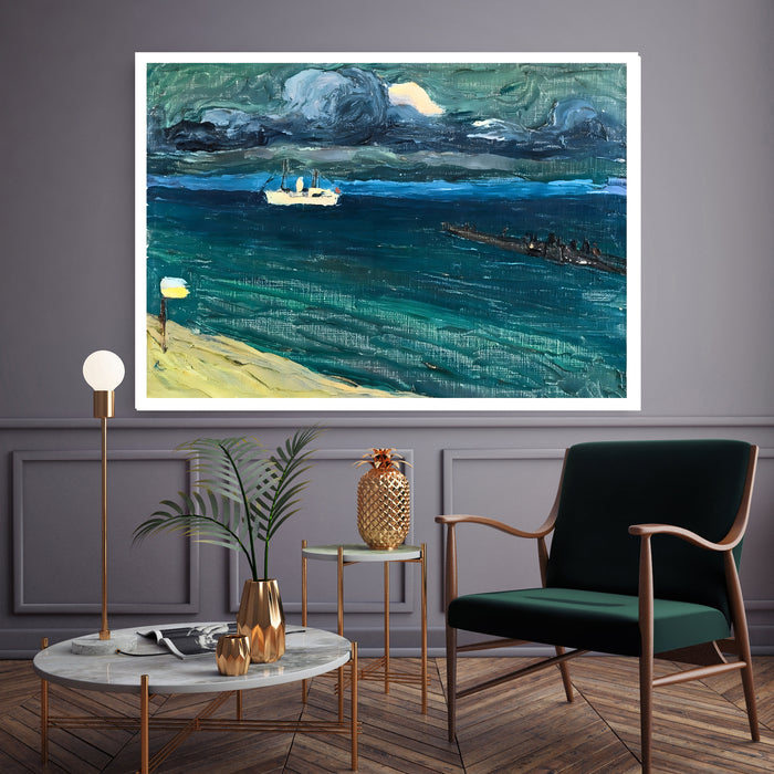 Kandinsky Stormy Sea and Steamer Print | Teal Blue Expressionist Seascape Poster | Coastal Landscape Wall Art