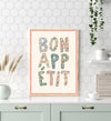 Close up of hand-painted flower letters on a cream Bon Appetit giclee print