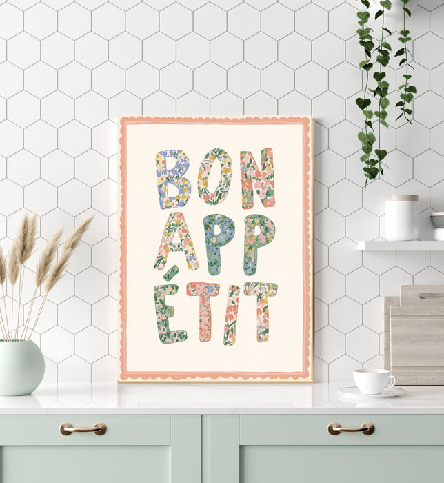 Close up of hand-painted flower letters on a cream Bon Appetit giclee print