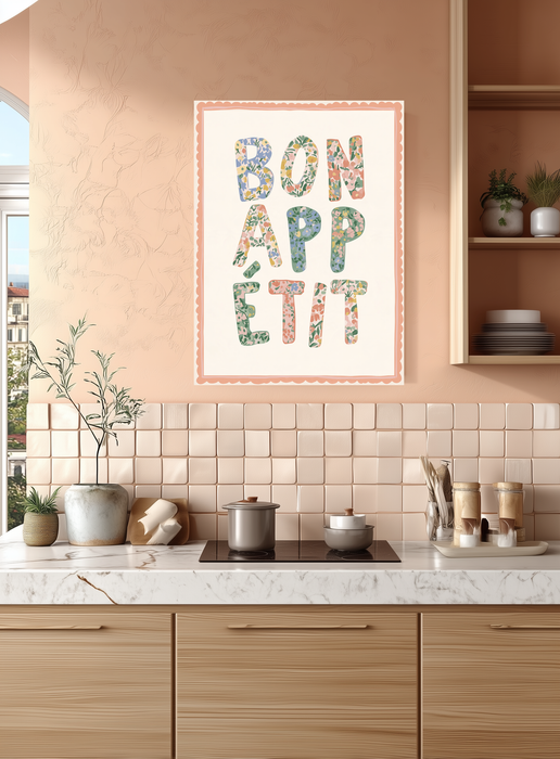 Pastel floral Bon Appetit wall art in blue, pink, coral and sage above a dining table