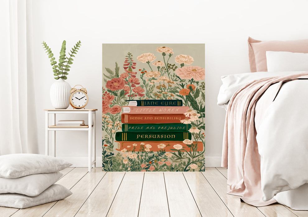Classic Novels Book Stack Print | Jane Austen & Brontë Floral Literary Wall Art | Giclée Fine Art