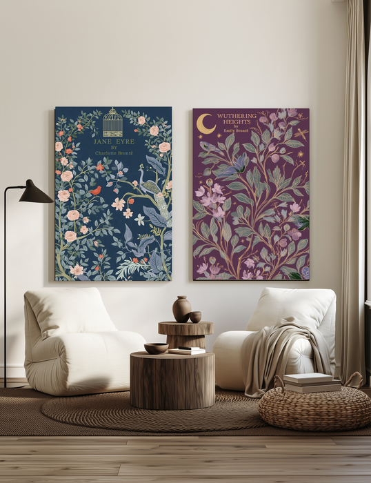 Jane Eyre and Wuthering Heights Print Set of Two | Bronte Sisters Book Cover Art | Literary Botanical Wall Art | Giclée Fine Art