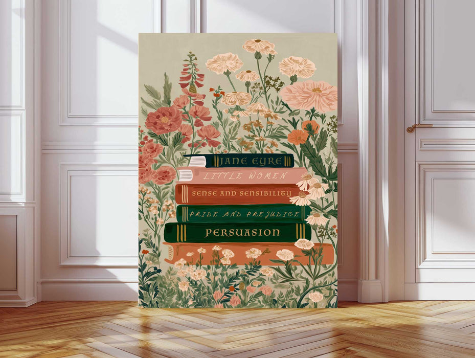 Classic Novels Book Stack Print | Jane Austen & Brontë Floral Literary Wall Art | Giclée Fine Art