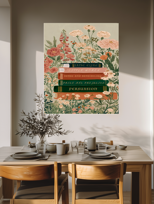 Classic Novels Book Stack Print | Jane Austen & Brontë Floral Literary Wall Art | Giclée Fine Art