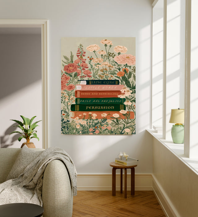 Classic Novels Book Stack Print | Jane Austen & Brontë Floral Literary Wall Art | Giclée Fine Art