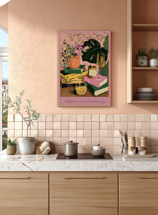 "Chapters and Chardonnay" Kitchen  Art Print