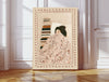 Book lover art print of a girl sleeping under a floral duvet beside a stack of books, with a rosy heart border, leaning against a panelled wall