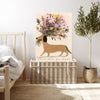 Dachshund with an oversized wildflower bouquet, cheerful dog art print