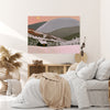 Cosy winter cottage landscape giclée print in blush, sage and slate grey