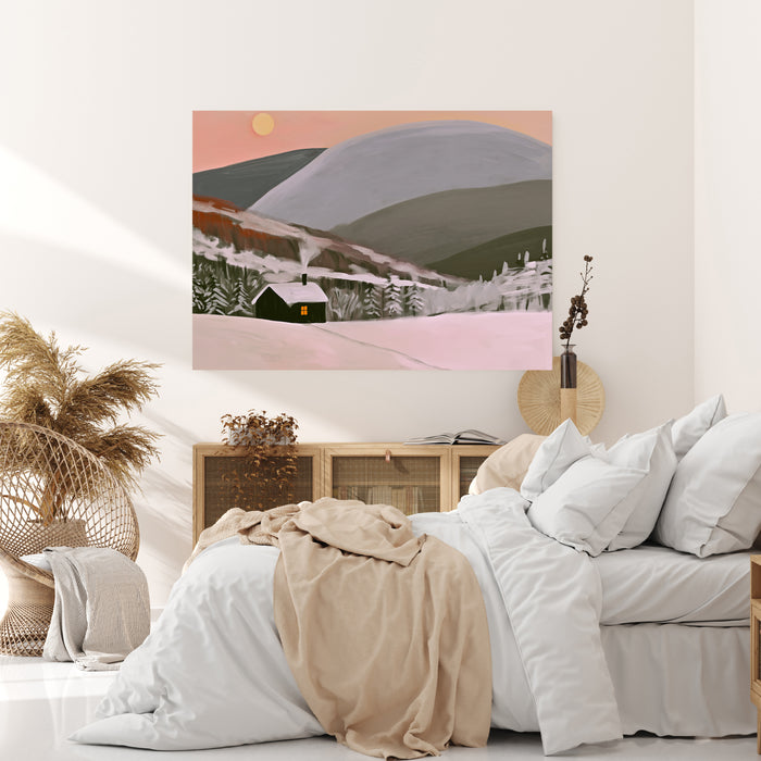 Cosy winter cottage landscape giclée print in blush, sage and slate grey