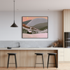Framed snowy mountain cabin print styled in a living room, Christmas gift idea