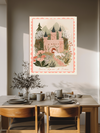 Once Upon A Time castle print framed in a girl's bedroom, pink nursery decor