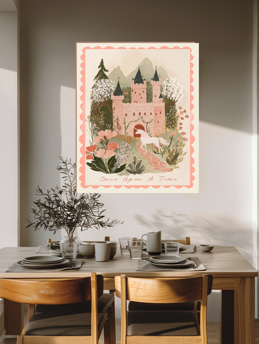 Once Upon A Time castle print framed in a girl's bedroom, pink nursery decor