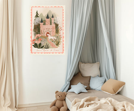 White unicorn on a pink cobbled path to a fairytale castle, storybook nursery wall art
