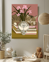 Cosy cat on books wall art in rose, olive and cream above a side table