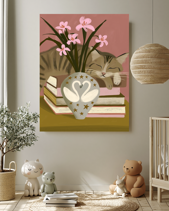 Cosy cat on books wall art in rose, olive and cream above a side table