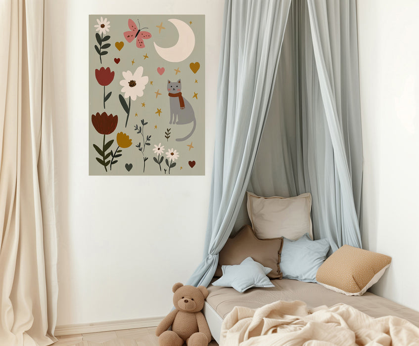 Cat and Moon Nursery Art Print