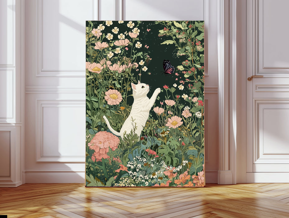 Cat Chasing Butterfly Meadow Art Print