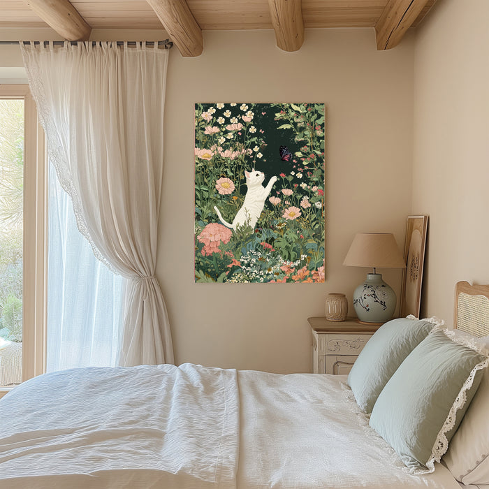 Cat Chasing Butterfly Meadow Art Print