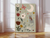 Whimsical grey cat and crescent moon folk art nursery print with wildflowers on sage green background