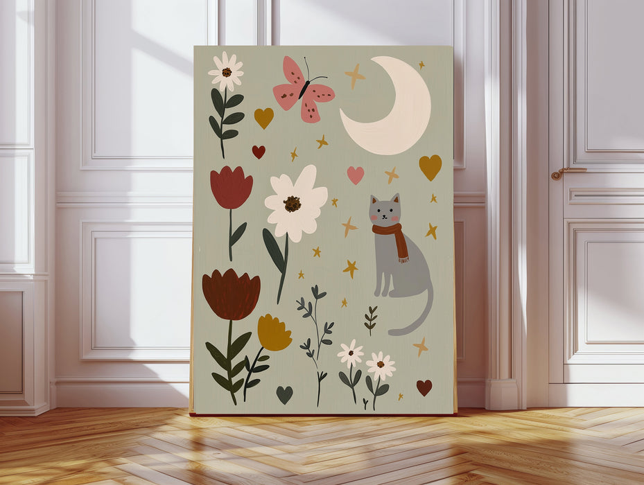 Whimsical grey cat and crescent moon folk art nursery print with wildflowers on sage green background