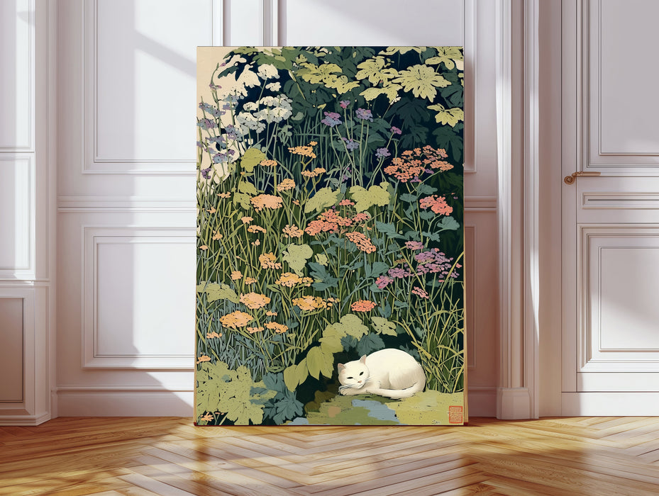 Sleeping Cat Japanese Flower Art Print