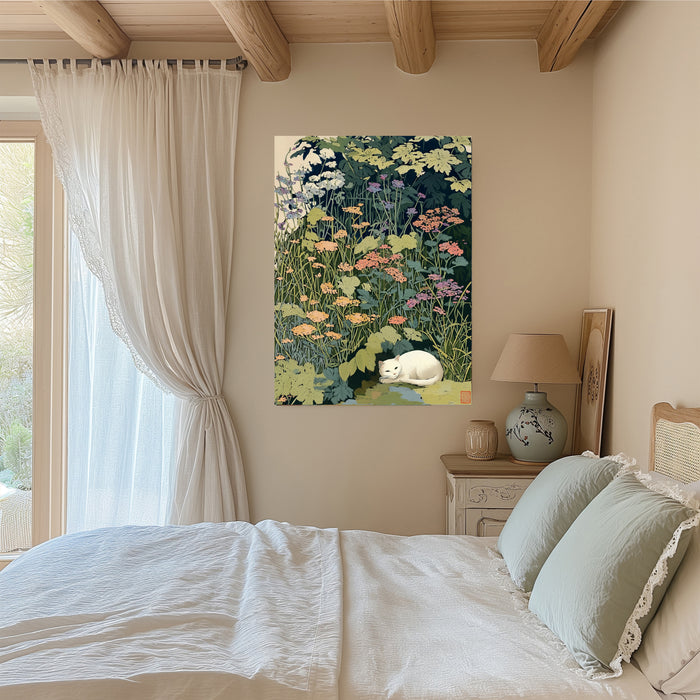 Sleeping Cat Japanese Flower Art Print