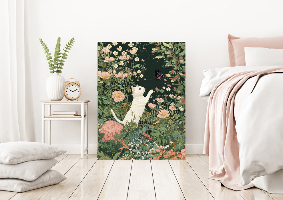 Cat Chasing Butterfly Meadow Art Print