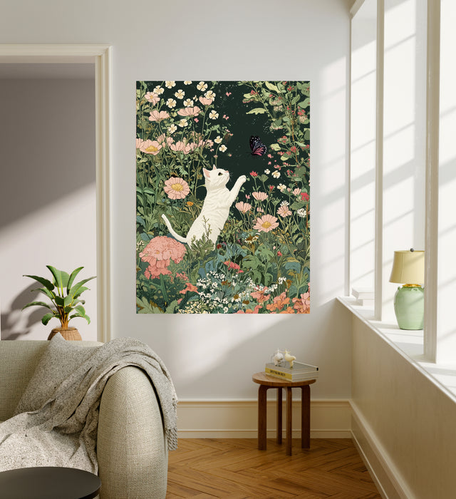Cat Chasing Butterfly Meadow Art Print