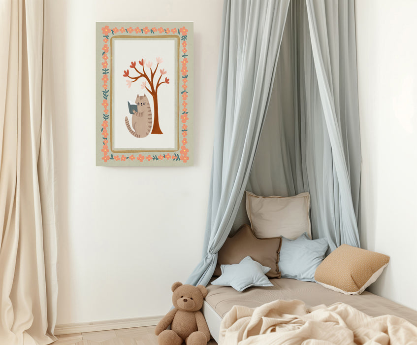 Cat Reading Book Nursery Art Print
