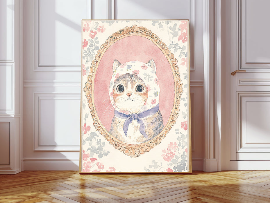 Vintage Nursery Pink Cat Art Print