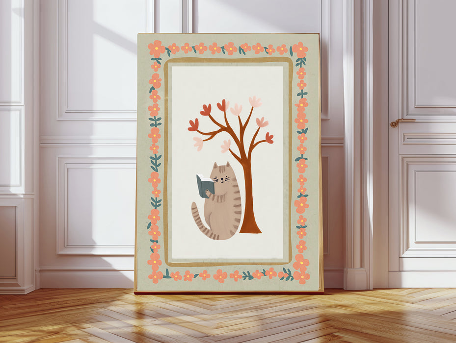 Cat Reading Book Nursery Art Print