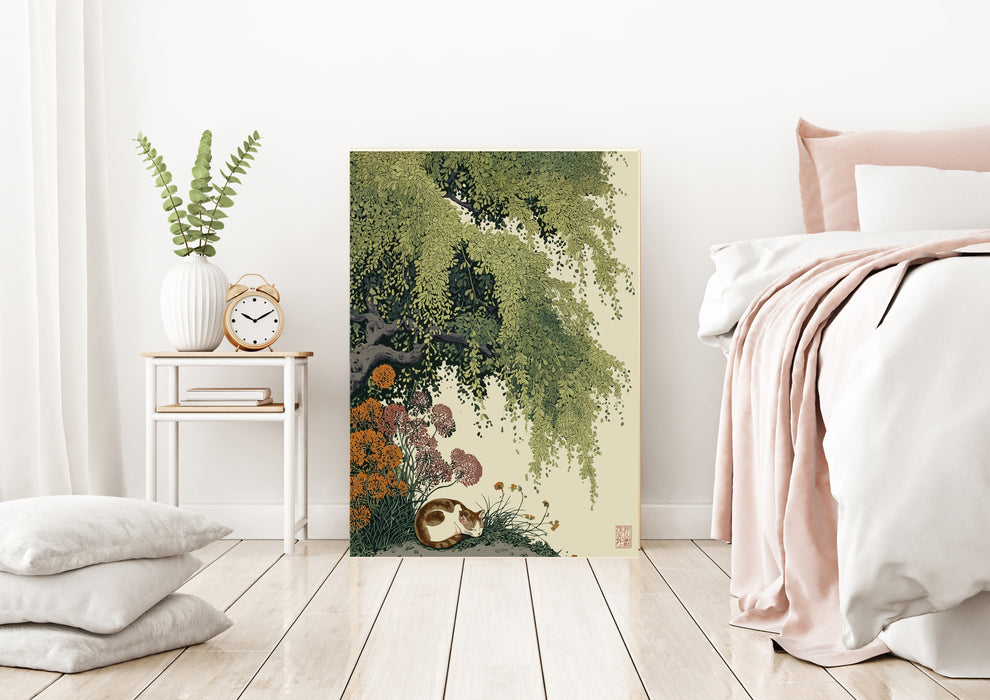 Japanese Willow Tree Cat Art Print