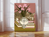 Sleeping tabby cat art print with pink lilies in a swan vase, leaning against a white panelled wall